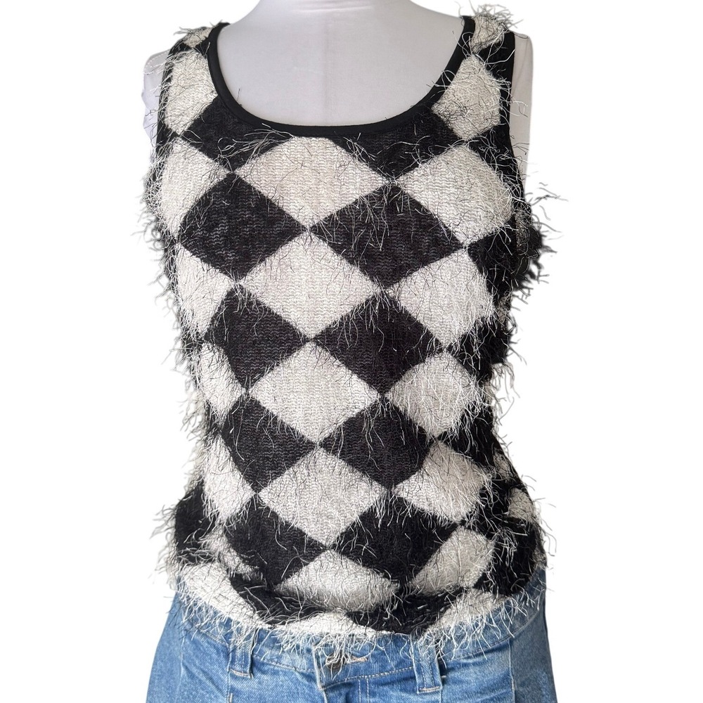 Teenbell Tank Top Small Black White Harlequin Eyelash Fuzzy Racerback
